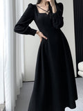 Kukombo Fashion Elegant Casual Midi Women Party Black Dress Business Vintage A-Line Slim Prom Vestidos Femme Clothes Robe New