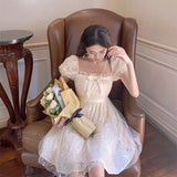 Kukombo Niggeey Vintage Elegant Mesh Lolita Dress Y2k Aesthetic Women Puff Sleeve Princess Fairy Party Dresses One Piece Dress Korean