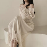 Kukombo Autumn Slim Bodycon Chiffon Dress Women Solid Elegant Casual A-Line Wedding Party Robe Chic One Pieces Female Vestidos Mujers