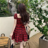 Kukombo Dresses Woman Plaid Casual Streetwear Sweet Ladies Puff-Sleeve Fashion Korean Style Cute Simple Ins Retro All-Match New Summer