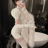 Graduation Gift Big Sale 2023 Knitted Bodycon Dress Sexy Puff Sleeve Sweater Mini Dress Women Evening Party One Piece Dress Korean Spring Clothing Chic