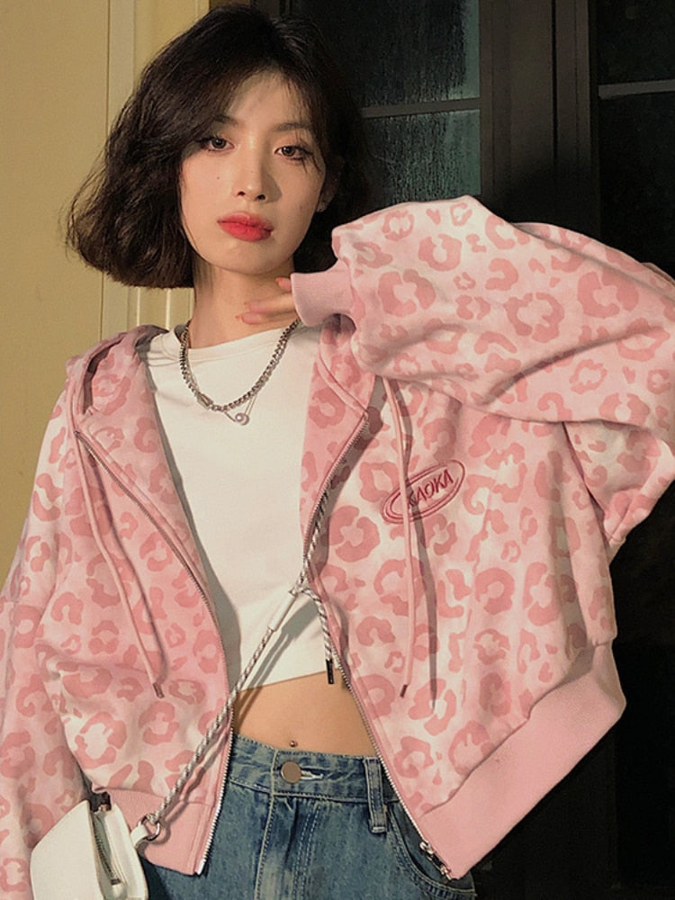 Cyber Monday Sales Preppy Style Pink Sweatshirts Leopard Print Y2K Harajuku Oversized Hoodies Women Vintage Zipper Cropped Top Cute Jacket