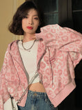 Cyber Monday Sales Preppy Style Pink Sweatshirts Leopard Print Y2K Harajuku Oversized Hoodies Women Vintage Zipper Cropped Top Cute Jacket