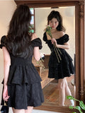 Kukombo  French Vintage Black Dress Women Design Slim Party Mini Dress Office Lady Short Sleeve Gothic One Piece Dress Korean 2022 Summer