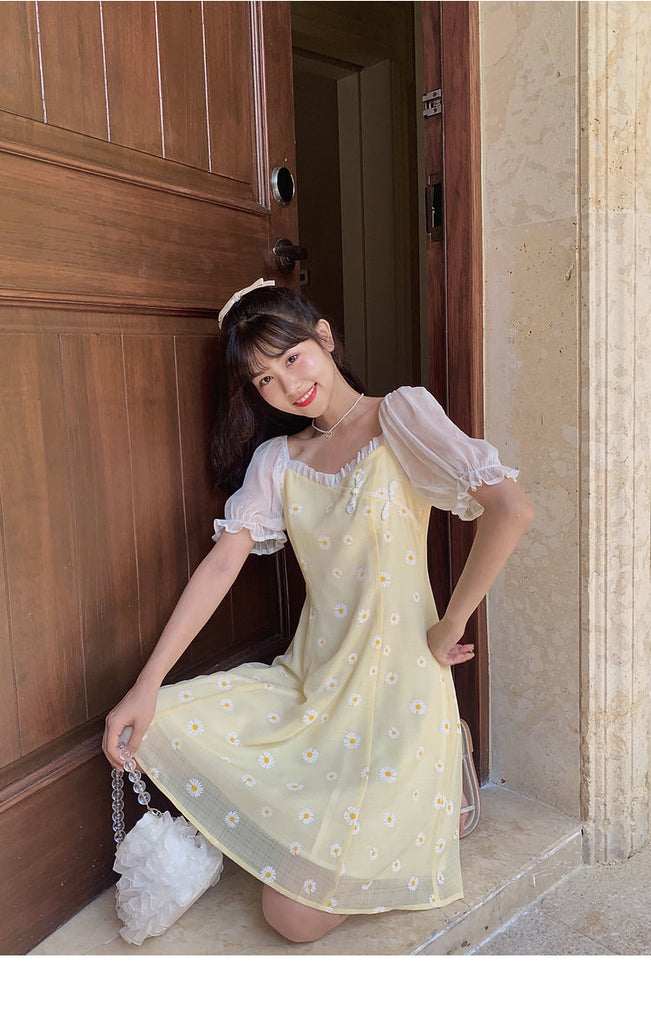 Kukombo Yellow Floral Vintage Dress Women Patchwork Chiffion Puff Sleeve Sweet Fairy Dress Female Elegant Korean Party Dress 2022 Summer