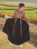 Kukombo Back to school outfit Chic Vintage Style Woman Outfits Retro Lantern Sleeve Striped Shirt & Lace Ribbon Long Maxi Skirt Cottage Prairie 2 Piece Sets