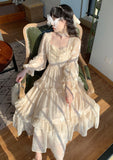 Kukombo Court Vintage Fairy Dress Women Sweet Ruffles High Waist Elegant Princess Dress Female Summer Casual Classy Party Dress New