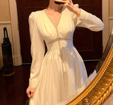 Kukombo New Elegant White Party Maxi Dress Woman Diamond V-Neck High Waist Elegant Solid Vestidos Lady Long Sleeve Dresses Female Cloth