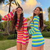 Cyber Monday Sales Spring Holiday Long Sleeve Stripe Printed Candy Color Sexy Mini Casual Dress Bodycon Beach Backless Dresses For Women Party 2022