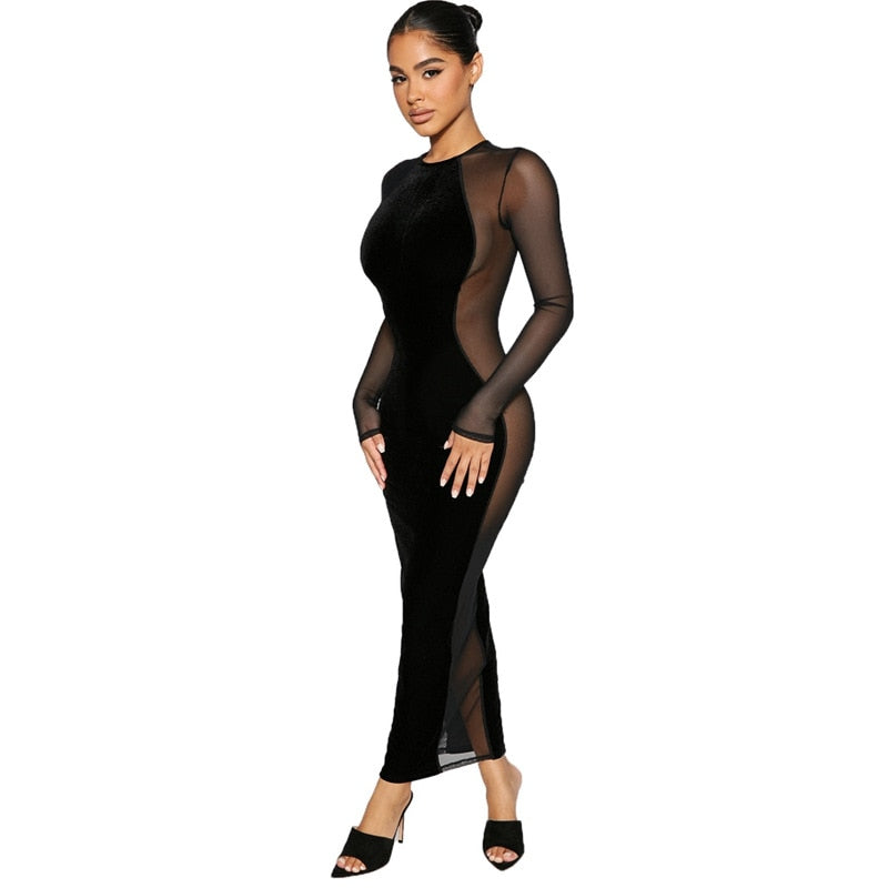 Cyber Monday Sales See-Through Mesh Long Sleeved Dress Stitching Slim Maxi Party Dresses For Women Balck Bandage Dress Vestido De Mujer