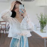 Kukombo Summer Hollow Cardigan Women 2022 Fashion New V-Neck Flare Sleeve Tie Front Crop Tops See Through White Knitted Jackets Female