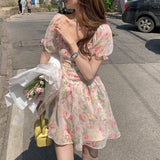 Kukombo Elegant Floral Print Chiffon Beach Dress Women Vintage Puff Sleeve Slash Neck Backless Fairy Dresses Vacation Casual Mini Dress