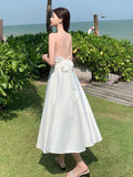 Kukombo 2022 Spring Summer Sexy Backless Waist Bow French Long White Suspender Dress V Neck Beach Style Satin Dress Vacation Style Dress