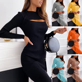 Kukombo Sexy Hollow Long Sleeve Midi Dress Solid Color Slim Fit Fashion Hollow Out One Step Korean Robe Club Pencil Dress For Women