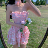 Kukombo  Casual Floral Sexy Dress Women 2023 Summer Pink Sleeveless Patchwork Mini Dresses Female Elegant Party Holiday Slim Korean Dress