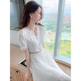 Kukombo Niggeey Summer Elegant White Lace Dress Women V-Neck Layerd Ruffle High Wiast Fairy Dresses One Piece Dress Korean Fashion