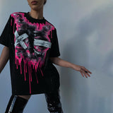 Kukombo 2022 Summer O Neck Y2K Print T Shirts Women Loose Fashion Casual Short Sleeve Graphic Black Top Tee Trendy Oversized