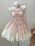 Kukombo 2023 Summer Women Sweet Pink Lolita Dress Female Ruffle High Waist prom Mini Dress Japanese Summer Girl Kawaii Party Dresses