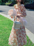 Kukombo Chiffon Floral Vintage Dress Women Ruffles Korean Split Long Fairy Dress Female 2022 Summer Casual Elegant Beach Party Dresses