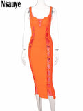 Kukombo 2022 Hollow Out Women Clothing Summer Off Shoulder Strap Bodycon Midi Dress Sexy V Neck Sleeveless Fashion Party Dress
