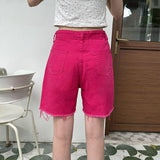 Kukombo Rose Red Denim Shorts Women Korean Fashion High Waist Ripped Wide Leg Pants Summer New Loose Short Jeans Female