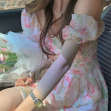 Kukombo Elegant Floral Print Chiffon Beach Dress Women Vintage Puff Sleeve Slash Neck Backless Fairy Dresses Vacation Casual Mini Dress