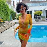 Cyber Monday Sales Tie Dye Long Sleeve Print Deep V Neck Hollow Out Bodycon Mini Dress Women Sexy Party Club Outfits Dresses For Women Boho Dress