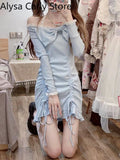 Kukombo Lace Lolita Fairy Dress Women Blue Bow Japanese Mini Kawaii Party Dresses Female 2022 Spring Princess Korean Fashion Sexy Dress