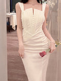 Kukombo Elegant Summer Bodycon Women Fashion Party Midi White Dress Spaghetti Strap Slim Vintage Prom Wedding Sundress Femme Robe Cloth