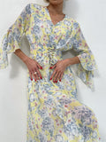 Kukombo Black White Yellow Pink Chiffon Floral Maxi Long Dresses V Neck Sexy Elegant Vintage Bandage Evening Party Dresses For Women