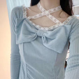 Kukombo Lace Kawaii Lolita Sweet Dress Women Bow Japanese Casual Party Mini Dress Female Sexy Blue Princess Korean Style Dress 2022 New