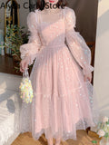 Kukombo Lace Elegant Sequin Fairy Dress Women Pink Patchwork Vintage Party Midi Dresses Female Casual Sweet Princess Kawaii Dress 2022