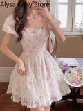 Kukombo Kawaii Vintage Fairy Dress Women 2022 Summer Sweet Lace Floral Elegant Princess Dress Female Casual Boho Korean Party Mini Dress