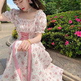 Kukombo Back to school outfit Sweet Summer Dress Women French New Vintage A-Line Short Sleeve Bow High Waist Thin Strap Floral Long Vestidos