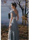 Kukombo Ladies Summer Blue Elegant Dresses Lace V-Neck Short Sleeves Sweet Vintage Princess Dress Party Fashion Women Vestidos De Fiesta