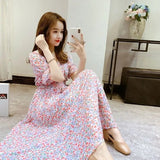 Kukombo 2022 Ruffled Peter Pan Collar Pink Floral Chiffon Dress Spring Summer Sweet Style Dress Korean Style Prairie Chic Casual Dress