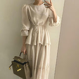 Kukombo New Elegant Apricot Dress For Women Clothing O-Neck 2022 Spring Lantern Sleeve Ruffles Dress Female Lace Up Loose Vestido