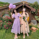 Kukombo Hstar French Square Neck Puff Sleeve Dress Women Mesh Bow Loose Long Summer New Purple Dresses Female Traf Платье Женское Robe