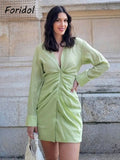 Graduation Gift Big Sale Turn Down Collar Solid Green Casual Ruched Shirt Dress Side Zipper Women High Streetwear Summer Spring 2023 Dress Vestidos Beach