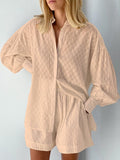 Kukombo  Summer White Elegant Jacquard Fabric Soft Vacation Suits Women Long Sleeves Shirts And Hot Pants Two Pieces Outfits 2022