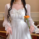 Kukombo Niggeey Japanese Elegant White Chiffon Y2k Mini Dress Summer Kawaii Bow High Waist Fairy Lolita Dress One Piece Dress Korean