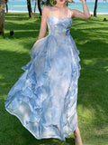 Kukombo Fashion Summer Elegant Casual Floral Blue Dress Women Sleeveless Vintage A-Line Beach Party Vestidos Female Chic Robe Clothes