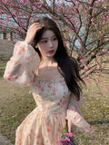Kukombo  Floral Chiffon Dress Women Boho Beach Mini Dress Evening Party Office Lady Slim Elegant One Piece Dress Korean Summer