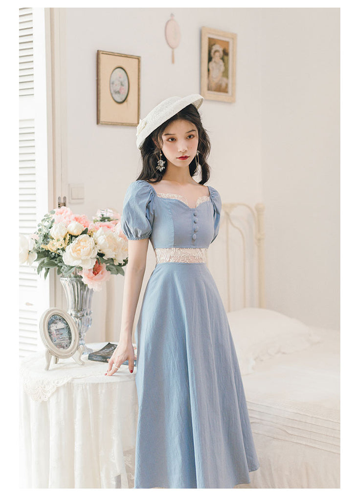 Kukombo French Puff Sleeve Court Style Cream Blue Princess Dress Women Summer Short Sleeve Fairy Dresses Retro Ladies Elegant Midi Dress