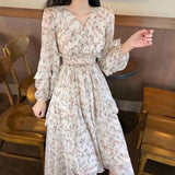 Kukombo Clothing Dresses Vestidos Print Korean Style Fashion New Long Sleeve Autumn Chiffon Pink Women