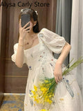 Kukombo 2022 Spring Fairy Vintage Dress Women Bow Sexy Backless Elegant Korean Dress Female Causal Puff Sleeve Sweet Design Party Dress