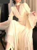 Kukombo  V Neck Flare Sleeve White Dress Fashion French Style Long Sleeve Dress for Women Elegant Chic Midi Vintage Dress