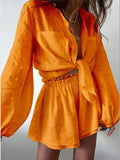 Kukombo  Women Cotton Shorts Set 2022 Loung Wear Solid Tracksuit Long Sleeve Shirt Tops Loose High Waisted Mini Short Pants Two Piece Set