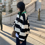Kukombo Black White Striped Oversized Sweatshirts Women Harajuku Retro Polo Hoodies Casual Loose Pullover Tops Korean Vintage