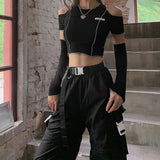 Kukombo  Cool Short Patchwork Hollowed Out Shoulder T-shirt Women's Letter O-Neck Slim All-match Exposed Navel Top with Sleeve